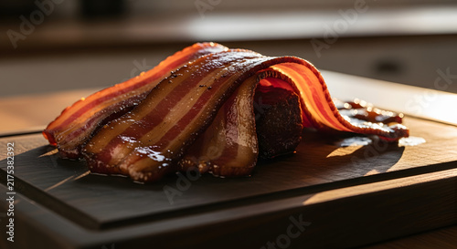 Crispy bacon slices on wooden surface studio lighting delicious food concept