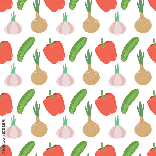 Vegetable seamless pattern onion garlic cucumber red bell pepper farm food background vector template