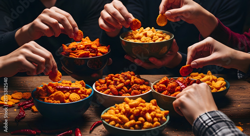 People reaching for assorted snacks in bowls on wooden table
