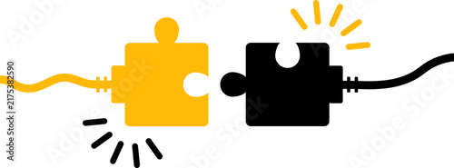 Connected puzzle plug, electric cable connection and teamwork concept. Vector illustration