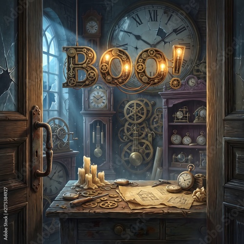 Illuminated boo sign hanging in a dark vintage clockmaker workshop with candles and old mechanical gears