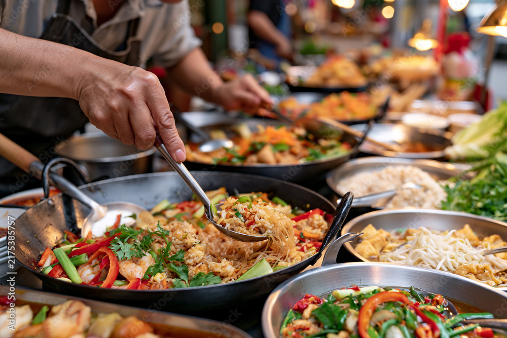Obraz premium Busy hands serve vibrant, sizzling Thai stir-fry dishes. Colorful peppers, herbs, and rice fill woks and bowls. Steam rises as food is ladled onto plates with care. The scene exudes warmth, abundance