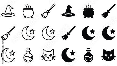 Black and white line of kitchen utensils, food, and cooking tools