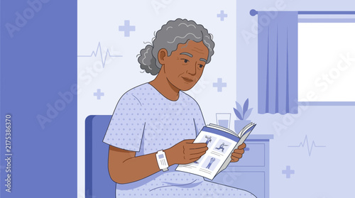 Elderly Woman Reading Magazine in Hospital Room, Health Monitoring Icons
