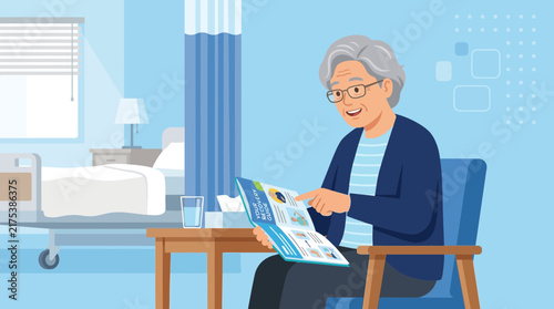 Elderly Woman Reading Magazine in Hospital Room