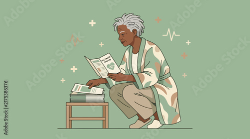 Elderly Woman Reading Magazine on Stool, Isolated on Transparent Background