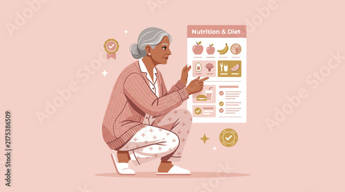 Elderly Woman Reviewing Nutrition Chart on Transparent Background