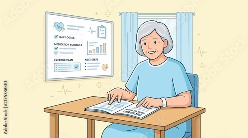Elderly Woman Reviews Health Plan On Table Isolated Transparent Background