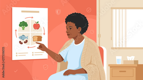 Elderly Woman Reviews Healthy Food Pyramid Chart in Hospital Room