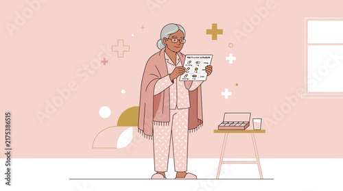 Elderly Woman Reviews Medication Schedule Isolated on Transparent Background