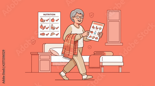 Elderly Woman Reviews Nutrition Chart in Bedroom