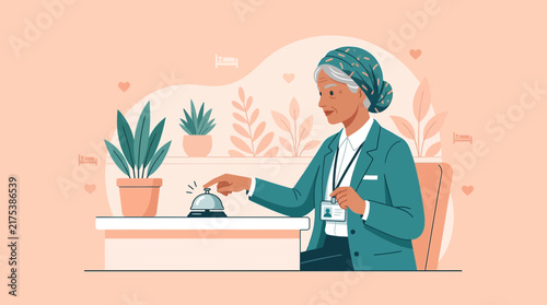 Elderly woman rings reception bell, hotel service, hospitality concept.