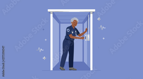 Elderly Woman Security Guard Operating Elevator Buttons