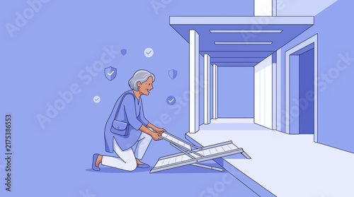 Elderly Woman Sets Up Portable Ramp for Accessibility