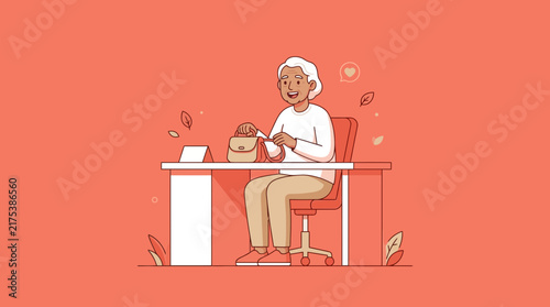 Elderly Woman Sitting At Desk With Handbag Isolated Transparent Background
