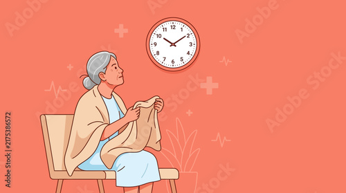 Elderly Woman Sitting Patiently, Looking at Clock on Transparent Background