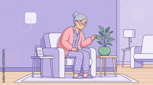 Elderly Woman Sitting in Armchair, Caring for Houseplant