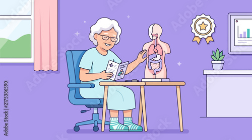 Elderly Woman Studying Anatomy Model on Desk, Isolated