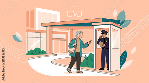 Elderly Woman Talking to Security Guard Outside Hospital Entrance