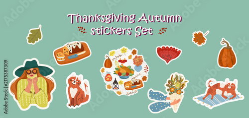 Autumn Thanksgiving cute stickers set. Hand drawn vector illustration.