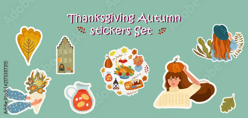 Autumn Thanksgiving cute stickers set. Hand drawn vector illustration.
