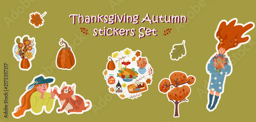Autumn Thanksgiving cute stickers set. Hand drawn vector illustration.