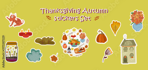 Autumn Thanksgiving cute stickers set. Hand drawn vector illustration.