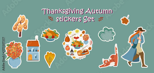 Autumn Thanksgiving cute stickers set. Hand drawn vector illustration.