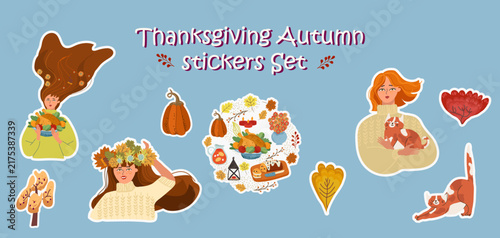 Autumn Thanksgiving cute stickers set. Hand drawn vector illustration.