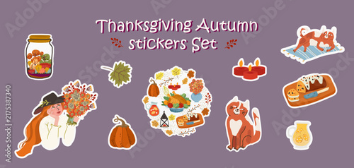 Autumn Thanksgiving cute stickers set. Hand drawn vector illustration.