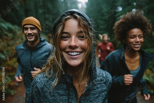 A group of friends laughing while jogging together
