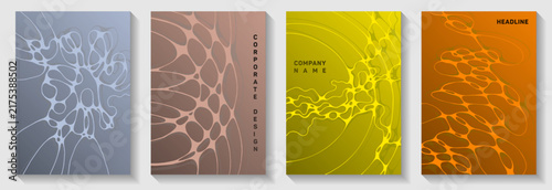 Cyberspace concept abstract vector covers. Smooth waves fusion backdrops. Trendy title page vector templates. Engineering cover pages graphic design set.