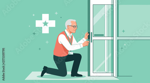 Elderly man unlocks door, reaching for handle, isolated on transparent background