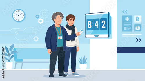 Elderly man and young man in hospital waiting room, digital queue display