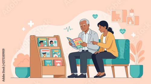 Elderly Man and Woman Reading Magazines in Waiting Room