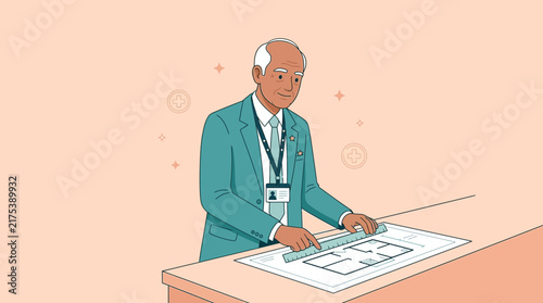 Elderly Man Architect Drawing Blueprint on Table, Isolated