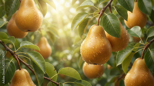 Golden pears glistening with water droplets on a sunlit tree branch