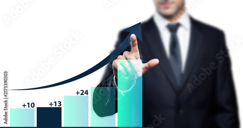 Businessman Pointing at Growing Bar Chart with Upward Arrow, Business Success Concept Isolated on Transparent Background