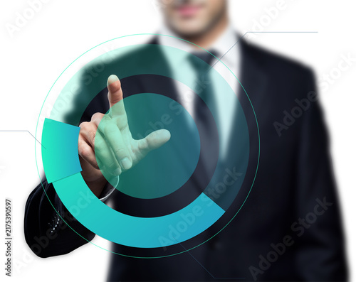 Businessman Touching Virtual Circular Diagram, Business Analytics and Futuristic Technology Concept Isolated on Transparent Background