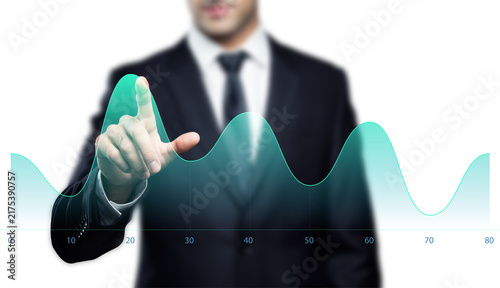 Businessman Touching Virtual Wave Line Graph, Business Analytics and Market Fluctuations Concept Isolated on Transparent Background