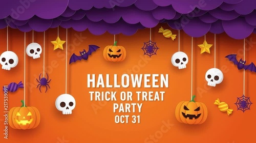 A seamless pattern halloween trick or treat party invitation with hanging decorations