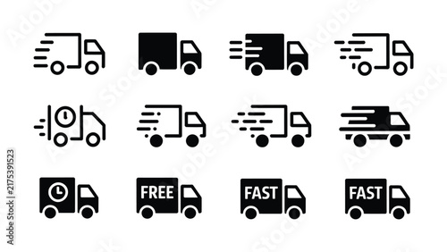 Obraz na płótnie Delivery truck icons set featuring various designs with speed lines clock and te