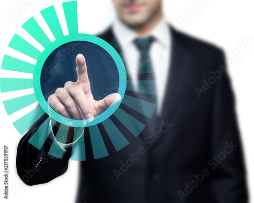 Businessman Touching Circular Progress Bar Interface, Futuristic Data Analytics Concept Isolated on Transparent Background