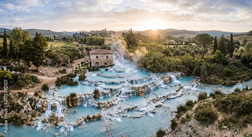 Thermal waters cascading at Saturnia's hot springs in Tuscany  