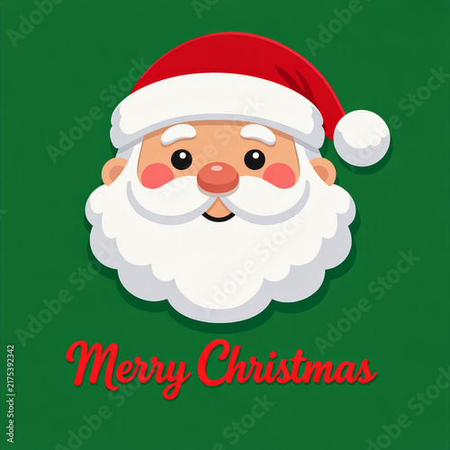 Cartoon Santa with red hat, rosy cheeks and fluffy white beard on green background. “Merry Christmas” text. Festive holiday greeting.