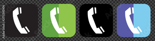 Phone handset icon vector set displays white telephone receiver symbols in rounded square buttons. Colorful contact call badges are isolated on a dark transparent background for web designs.
