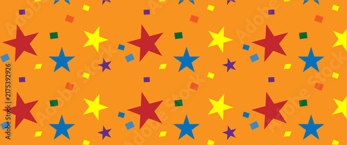 Colorful star pattern vector displays festive seamless background with multi colored stars and confetti. Bright party repeating wallpaper design is isolated on an orange backdrop for projects.