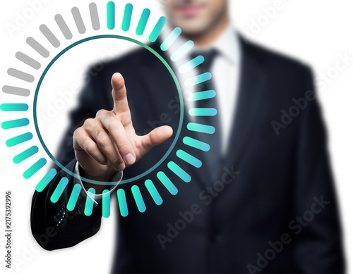 Businessman Touching Circular Digital Interface, Technology and Data Analytics Concept Isolated on Transparent Background
