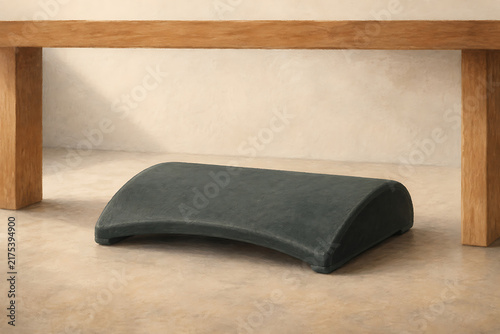 A dark grey curved ergonomic footrest placed on a light floor underneath a wooden table in a minimalist interior home office setting