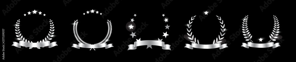 Obraz premium Silver award laurel wreaths with stars, ribbon and empty place for name of winner. Prize for awarding ceremony, championship, best player, diploma. Quality certified icon. Vector illustration.